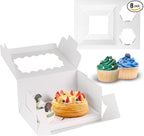 JCD 8 Packs Bento Cake and Cupcake Box 3 Holes Fit 2 Cupcakes and 1 Mini Cake Box with Clear Window and Stickers for Wedding Birthday Party Bakery Baking Supplies (1+2/8pcs)