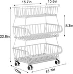 3-Tier Rolling Pantry Floor Organizer, Stackable Pantry Storage Cart with Wheels, Metal Wire Snack Baskets, Kitchen Fruit Basket Stand, Vegetable Storage Rack for Fruits Onions Potatoes Snacks, White