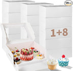 Bento Cake Box With Cupcakes, Clear Window 9 Holes Bento Combination,12 Sets: Cookie Boxes Fit 8 Regular Cupcake and Mini Cakes, Christmas Wedding Birthday Party (White/clear, 1+8/12pcs)