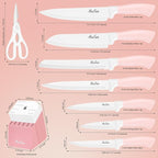 14 Pieces Knife Set with Block, Ceramic White Coating, High Carbon Stainless Steel Sharp Blade Block Knife Set, Dishwasher Safe Cutlery, Colliding Pink