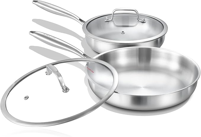 DELARLO Tri-ply Stainless Steel Frying Pan Set with Lid 8"10" Induction large Skillets Chef's Pan,Pots and Pans Set Kitchen Cookware Set Suitable for All Stove