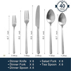 KINGSTONE 40 Piece Silverware Set, Flatware Set for 8, 18/10 Stainless Steel Cutlery Set Mirror Polished Modern Design Dishwasher Safe, Matte Silver