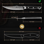 Steak Knives Set of 6, 4.8 Inch Non Serrated Razor-Sharp Durable Dinner knives with Rest, German Stainless Steel Damascus Pattern Full Tang Forged, Rust Resistant & Easy to Maintain