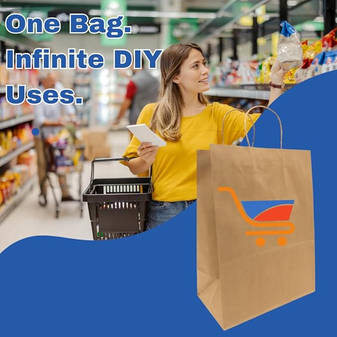 ASSUREPAK DIY Paper Bags - 200 units - Kraft Color - 12"x9"x16" - 74 LB (110 GSM strong) Twisted Handle - Kraft/Natural - Recyclable Food & Supermarket Bags for Decorating & Branding