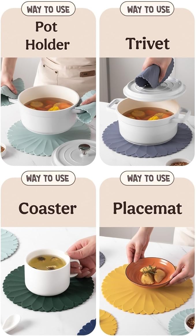 Heat-Resistant Silicone Trivet Mats, Non-Slip Hot Plate Holder for Kitchen Countertops & Dining Table, Reusable Pot Holder Pad with Secure Grip, Dishwasher Safe (Purple, Diameter: 18cm/7.09")