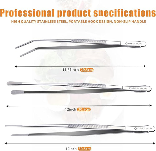 3 Pcs Kitchen Tweezers, 12'' and 11.6" Stainless Steel Tongs For Cooking, Professional Cooking Tongs, Chef Cooking Tweezers, Sea food, BBQ, Plating and Serving
