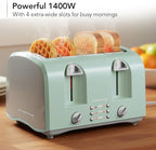 OVENTE Electric 4-Slice Toaster Machine with 6-Shade Selector Setting, Cancel Button, Defrost Function, Crumb Tray, 1400W Power and Wide Slots for Bagels, Waffles and Puff Pastry, TS4410LBL