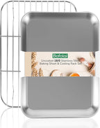 18/0 Stainless Steel Baking Sheet with Cooling Rack, 10.4 Inch Oven-Safe Non-Toxic Cookie Sheets for Baking, Coating Free & Rust Resistant for Healthy Family Baking, Easy to Clean, Heavy Duty