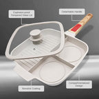3 Section Grill Pan for Stove Tops with Detachable Handle, Nonstick Versatile Griddle Pan with Lid, Square Skillet PFOA Free, White