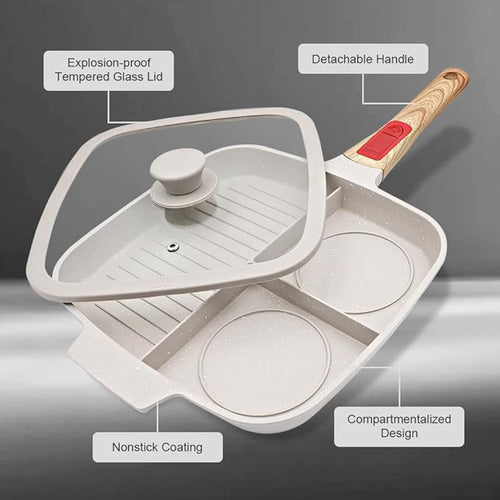 3 Section Grill Pan for Stove Tops with Detachable Handle, Nonstick Versatile Griddle Pan with Lid, Square Skillet PFOA Free, White