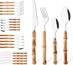 Bamboo Silverware Set, 24-Piece Natural Bamboo Flatware Cutlery with Stainless Steel Silver Head, Includes Knife, Fork, Spoon for Daily Use and Party, Reusable