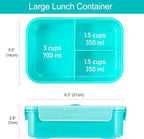Caperci Classic Bento Box Adult Lunch Box for Older Kids - Leakpoof 47 oz 3-Compartment Lunch Containers for Adults and Teens, Built-in Utensil Set, Ideal for On-the-Go Balanced Eating, Aqua