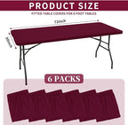 6 Pack Stretch Fabric Table Top Cap Cover, fits 6' Tables, Spandex Table Covers Washable Elastic Rectangle Tablecloth Protector for Indoor Outdoor Party Picnic Wedding, Wine Red, 30" W x 72" L