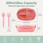Bento Box Kids Lunch Box with Spoon & Fork - 28oz, 3 Compartment Sandwich Containers Travel Snack Boxes, Microwave/Dishwasher/Freezer Safe, BPA Free Meal Prep Food Storage Containers - Pink