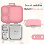 Stainless Steel Bento Box Kids, Leak Proof Metal Bento Lunch Box,3 Compartments 304 Stainless Steel Bento Lunch Containers for School and Office, BPA-Free(Pink)