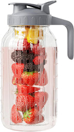 Fruit Infuser Water Pitcher,Glass Mason Jar Pitcher,64oz(2 Quart) Wide Mouth Jug with Pour Spout Handle Lid for Fruit Drinks,Cold Brew Coffee,Ice Beverage,Iced Juice,Lemonade,Sun Tea Container