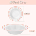 100 Pack Disposable Soup Bowls with Rose Gold Rim, 12oz Premium Heavy Duty Plastic Dinner Bowls for Party, Wedding and Holiday