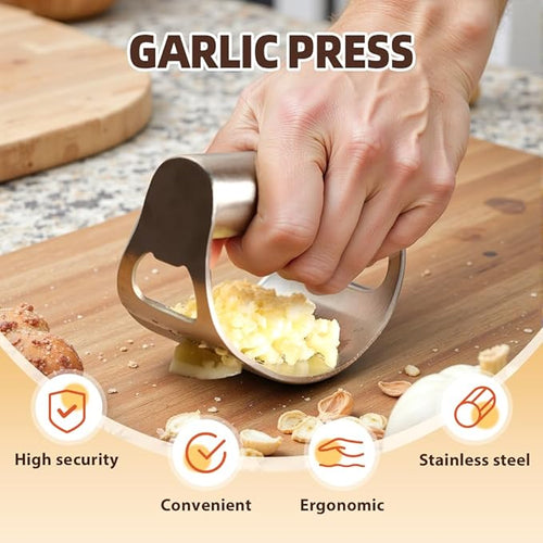 2025 New Stainless Steel Garlic Presser, Portable Manual Stainless Steel Garlic Press for Home Kitchen Utensils, Upgrade Rocker Crusher Masher with Garlic Peeling (2)