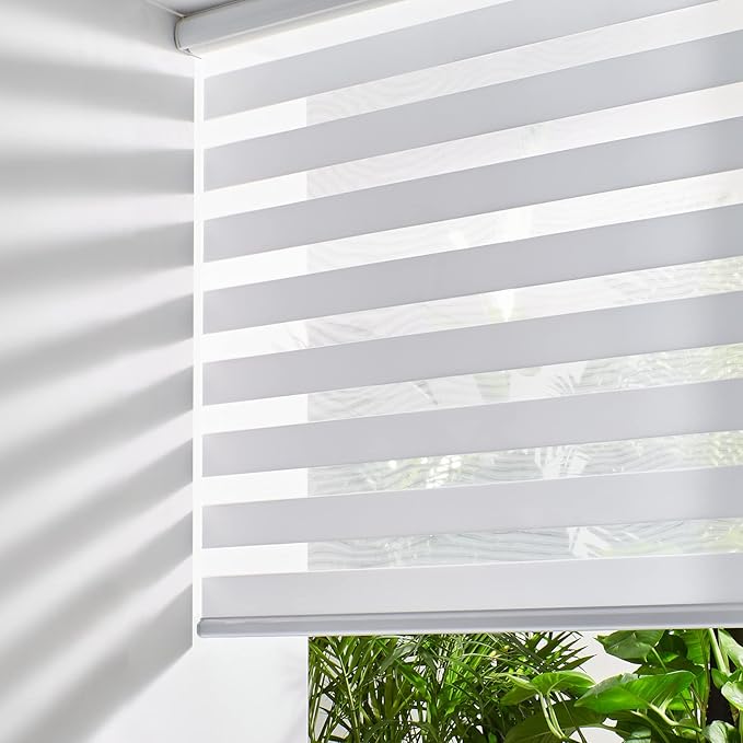 Persilux Cordless Zebra Blinds for Windows, Room Darkening Roller Shades for Windows (18" W x 64" H, White) Light Control for Day and Night Light Filtering Sheer Shades for Home and Bedroom