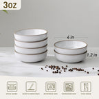famiware Nature Ceramic Soy Sauce Dish, Dipping Bowls Set of 6, 3 oz Dipping Sauce Bowls/Dishes/Cups/Plates, Small Serving Bowls for Side Dishes, Condiments, Sushi, Appetizer, Dessert, Snowy White