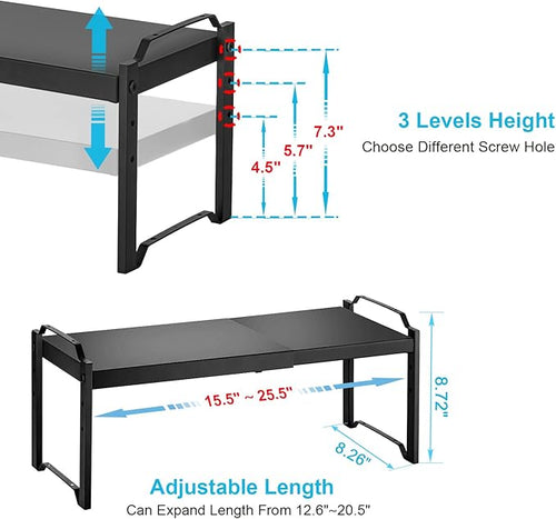 25.5 Inches 3 Pack Expandable Cabinet Shelves, Stackable Shelf Organizer for Kitchen Cabinet Countertop Storage, Adjustable Counter Cupboard Pantry Organizer Shelf Rack Stand Riser, Black