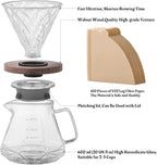 Pour Over Coffee Maker Set – V60 Drip Coffee Pot with Walnut Handle, Glass Coffee Dripper & 100 Filters, 20oz/600ml Capacity