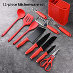 12-Piece Silicone Kitchen Utensil Set with Stainless Steel Knives – Heat-Resistant Spatula, Spoon, Peeler, Non-Scratch Cooking Tools for Baking, Frying & Grilling (Red)