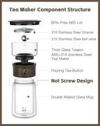 ZENS Modern Glass Infuser Teapot, One Touch Tea Maker for Loose Leaf Tea with Insulated Mug and Portable Case. Enchanted Pot Alternatives for Tea Lover Gifts