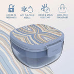 Bentgo Glass Prints All-in-One Salad Container - 61oz Tinted Glass Salad Bowl with Lid, Bento-Style Tray, Sauce Container, & Reusable Fork - Dishwasher & Microwave Safe (Wildly Chic - Soft Blue)