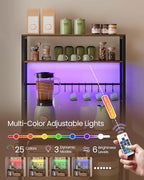 VASAGLE Coffee Bar with LED Lights, Kitchen Bakers Rack with Power Outlet, Microwave Stand with Adjustable Shelves, 8 Hooks, 15.7 x 31.5 x 65.7 Inches, Rustic Brown and Matte Black UKKS050K01