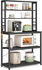VASAGLE Coffee Bar, 31.5 Inches Baker's Rack for Kitchen with Storage, 6-Tier Kitchen Shelves with 6 Hooks, Microwave Stand, Industrial, Charcoal Gray and Black UKKS019B22