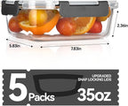 BAYZZ Glass Food Storage Containers, 5 Pack 35 Oz Glass Meal Prep Containers, Lunch Boxes with Airtight BPA-Free Lids, Microwave, Freezer and Dishwasher Safe