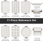 11-Piece Nonstick Baking Pans Set, Stackable Non Toxic Bakeware Sets with Cookie Sheets, Cake Pan, Loaf Pan, Pizza Pan, Muffin Pan, White&Gray