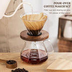 Pour Over Coffee Maker Set – V60 Drip Coffee Pot with Walnut Handle, Glass Coffee Dripper & 100 Filters, 20oz/600ml Capacity