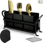Cutlery Holder with Drain Holes, Silverware Caddy for Party Countertop, 3pcs Bins Set Utensil Holders for Spoon and Fork, Black
