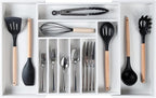 KitchenEdge Premium Silverware, Flatware and Utensil Organizer for Kitchen Drawers, Food-Safe Contract Grade, Expandable from 16 to 28 In, White Bamboo
