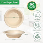 12 oz Paper Bowls Disposable, 500 Pack Heavy Duty Paper Bowls Bulk, Compostable Disposable Soup Bowls, Eco-Friendly Biodegradable Bowl Natural Brown, Microwavable Safe