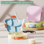 Kids Bento Lunch Box - Toast-Shaped 4-Compartment Lunchable Food Container with Sauce Cup, Utensils & Brush, BPA-Free, Reusable Snack Container with lid, Ideal for School & Travel - Blue