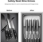 Linoroso Knife Drawer Organizer With In-Drawer Knife Block for 9 Knives, Kitchen Utensil Organizer, BPA Free Secure Storage Tray for Countertop Organization
