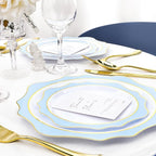 100 PCS White and Blue Disposable Plates for 50 Guests, Scalloped Plastic Plates Include 50 Dinner Plates and 50 Dessert Plates for Party, Wedding and Graduation