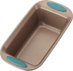 Rachael Ray 47578 Cucina Nonstick Bakeware Set with Grips Includes Nonstick Bread Pan, Baking Sheet, Cookie Sheet, Baking Pans, Cake Pan and Muffin Pan - 10 Piece, Latte Brown with Agave Blue Grips