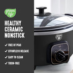 GreenLife 3.5QT Slow Cooker, Non-Toxic PFAS-Free Ceramic Nonstick Removable Interior Bowl, Programmable, Keep Warm, Stovetop & Oven Safe, Dishwasher Safe Parts, Glass Lid, Black