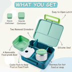 Bento Lunch Box for Kids with 8oz Soup Thermo Leak-Proof Lunch Food Containers with Snack Sauce Container for Kid Girls Boys to School, Green