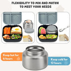 Bento Lunch Box for Kids with 12oz Soup Thermo,4 Compartments Lunch Box Containers Kids, Spoon&Sauce Jar, BPA Free&Leak proof,Insulated Food Jar for Travel(Black)
