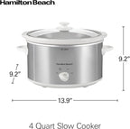 Hamilton Beach 4-Quart Slow Cooker with 3 Cooking Settings, Dishwasher-Safe Stoneware Crock & Glass Lid, Stainless Steel (33140G)