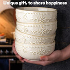 Artena Soup Bowls 32 OZ, Cereal Bowls Set of 4, Embossment Ceramic Ramen Bowls, 6.3 Inch White Salad Bowls, Large Dinner Bowls for Pho, Noodle, Pasta, Snacks, Dishwasher Microwave Safe, Damask Floral