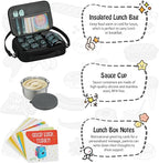 Itslife Bento Lunch Box Set for Kids with 12oz Soup Thermo&Lunch Bag, Leak-Proof Lunch Food Containers for Kids School, 5 Compartment, Sauce Cup, 10 Notes (Dinosaurs Black)