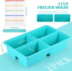 Silicone Freezer Trays With Lid - Silicone Soup Freezer Molds, Soup Freezer Containers For Freezing & Storing Soup, Sauce, Broth, and Leftovers - 1 cup silicone freezer molds - 2 Pack