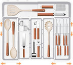 Kitchen Drawer Organizer Large Expandable Silverware Organizer, Utensil Holder and Flatware Tray, Kitchen Spatula Tools and Gadgets Storage with Removable Knife Blocks and 3 Dividers, White