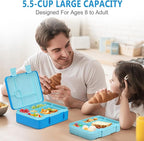 Kids Bento Lunch Box with Ice Pack, 5 Compartments Leak-Proof Bento Box with Utensils, 5.5-Cup Capacity for Adults & Ages 8+, BPA Free, Microwave & Dishwasher Safe, Blue